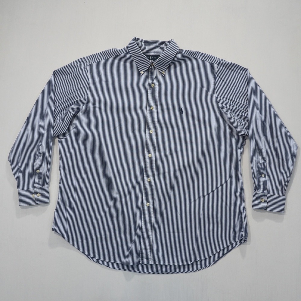 Ralph Lauren Shirt Men 17.5 Blue Striped Classic Fit Button Down Extra Large VTG